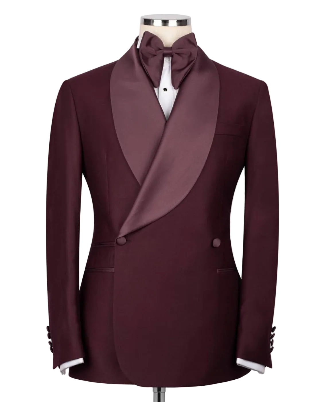 A men's double-breasted tuxedo jacket in deep burgundy, styled with satin peak lapels, a matching burgundy bow tie, and a white dress shirt on a mannequin torso against a light gray background.