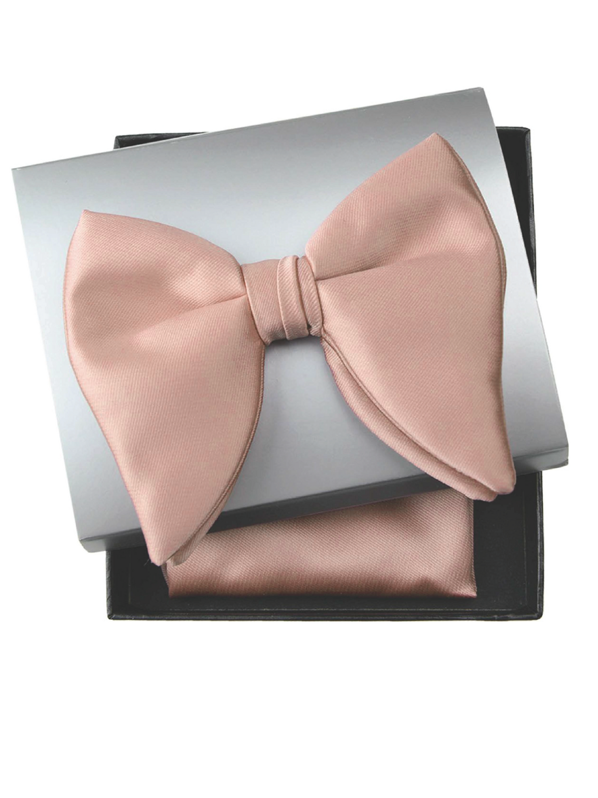A satin pre-tied bow tie in Old Rose, displayed on top of its silver and black presentation box with a matching pocket square, on a white background with text 'BTPB51 Old Rose/Rose Gold' below.