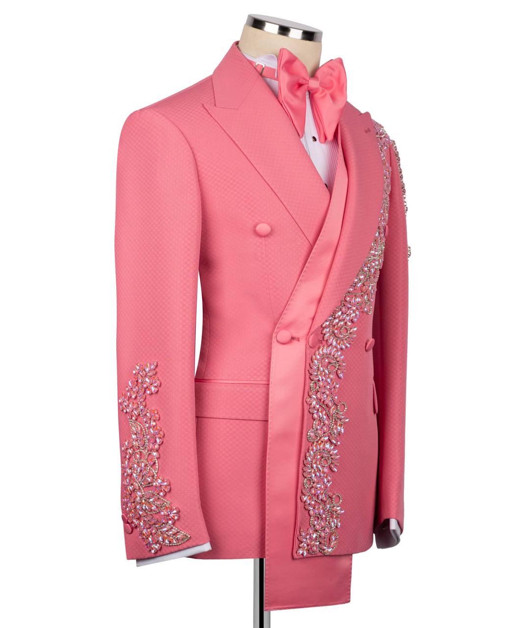 Pink embroidered jacket on a mannequin with a white background