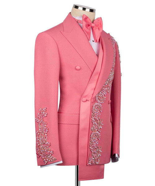 Pink embroidered jacket on a mannequin with a white background