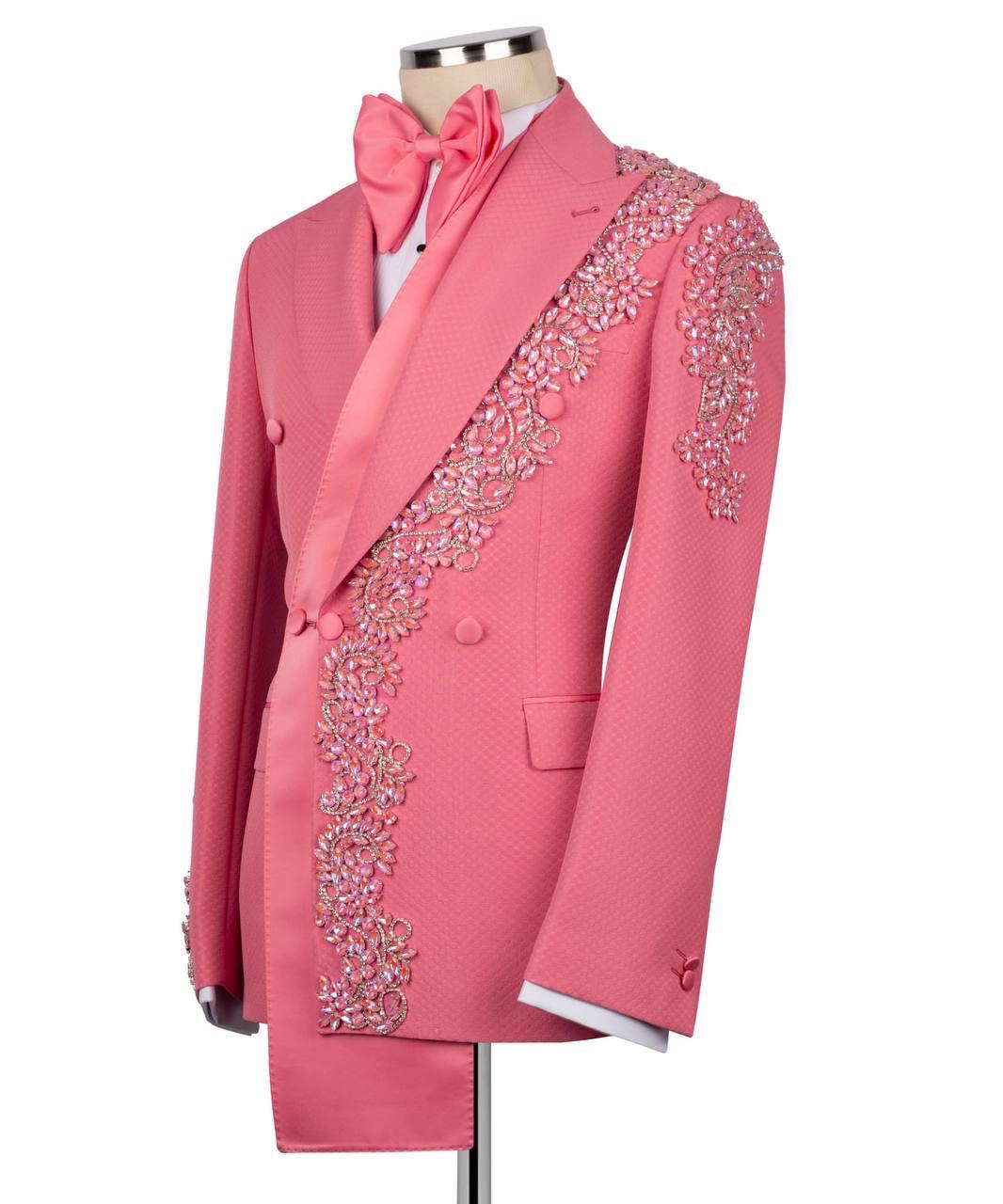 Pink tuxedo with decorative elements on a white background