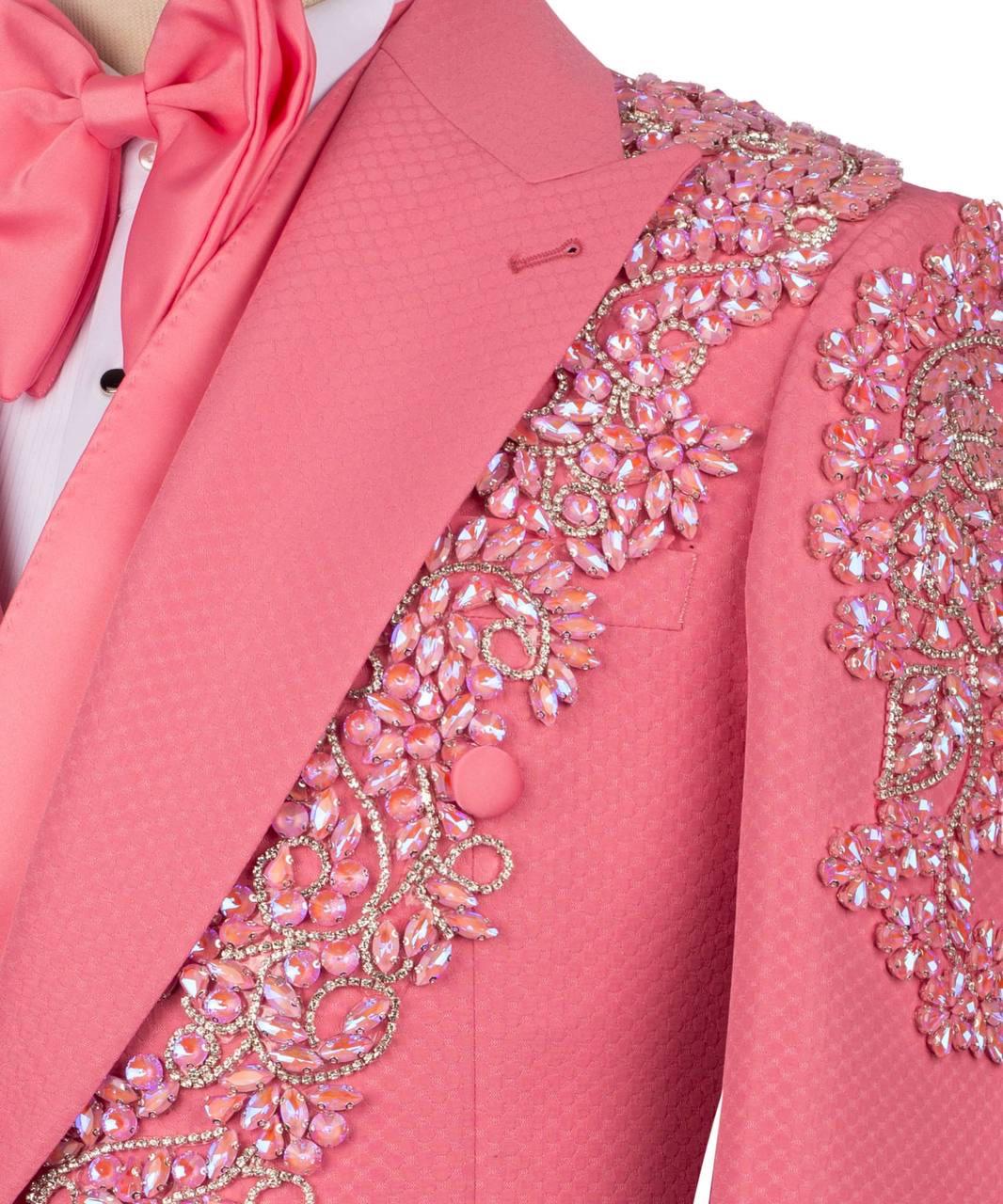 Pink jacket with intricate beadwork on a white background