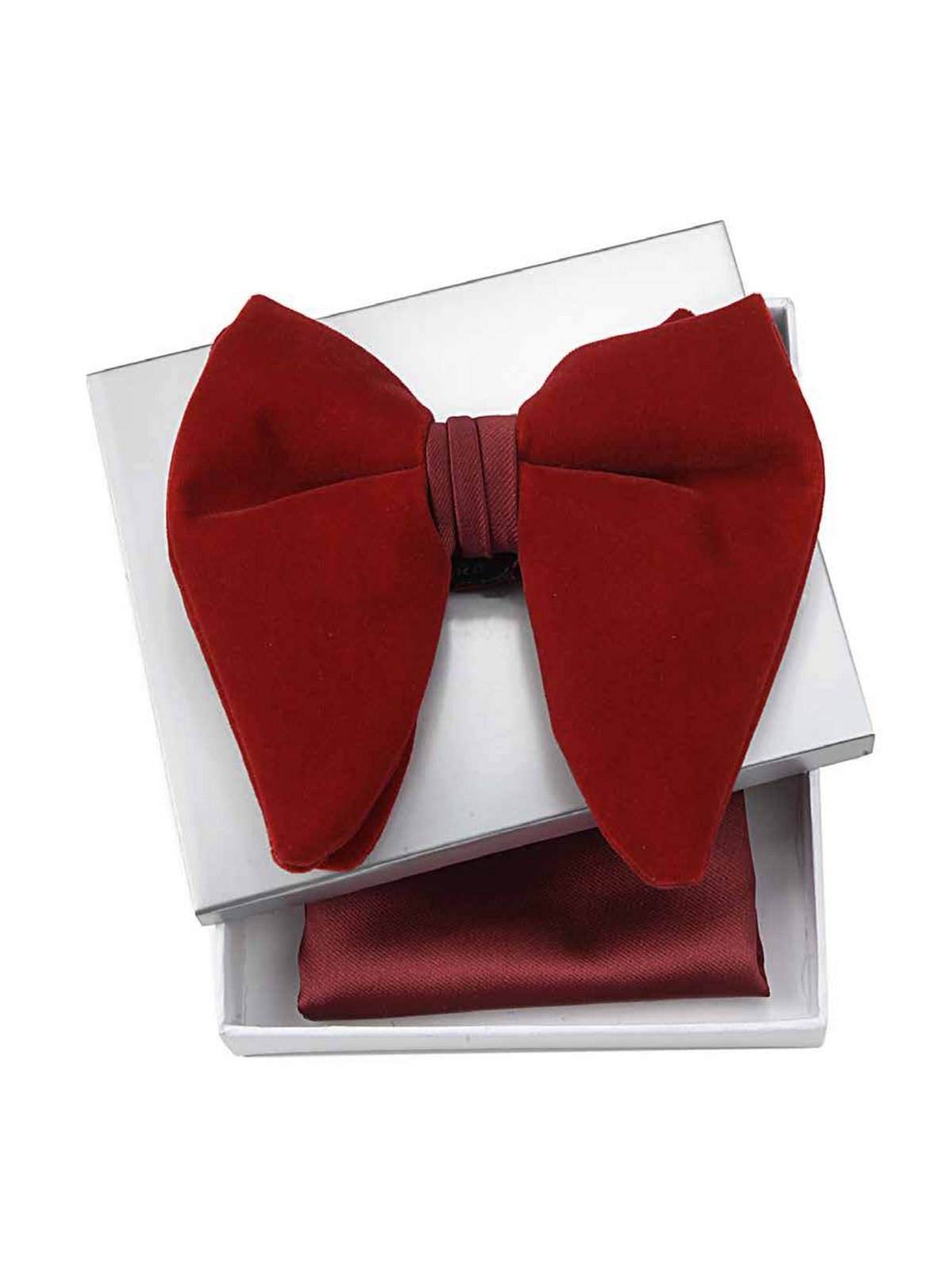 A deep red bow tie with a matching red pocket square, presented in a white gift box on a white background.