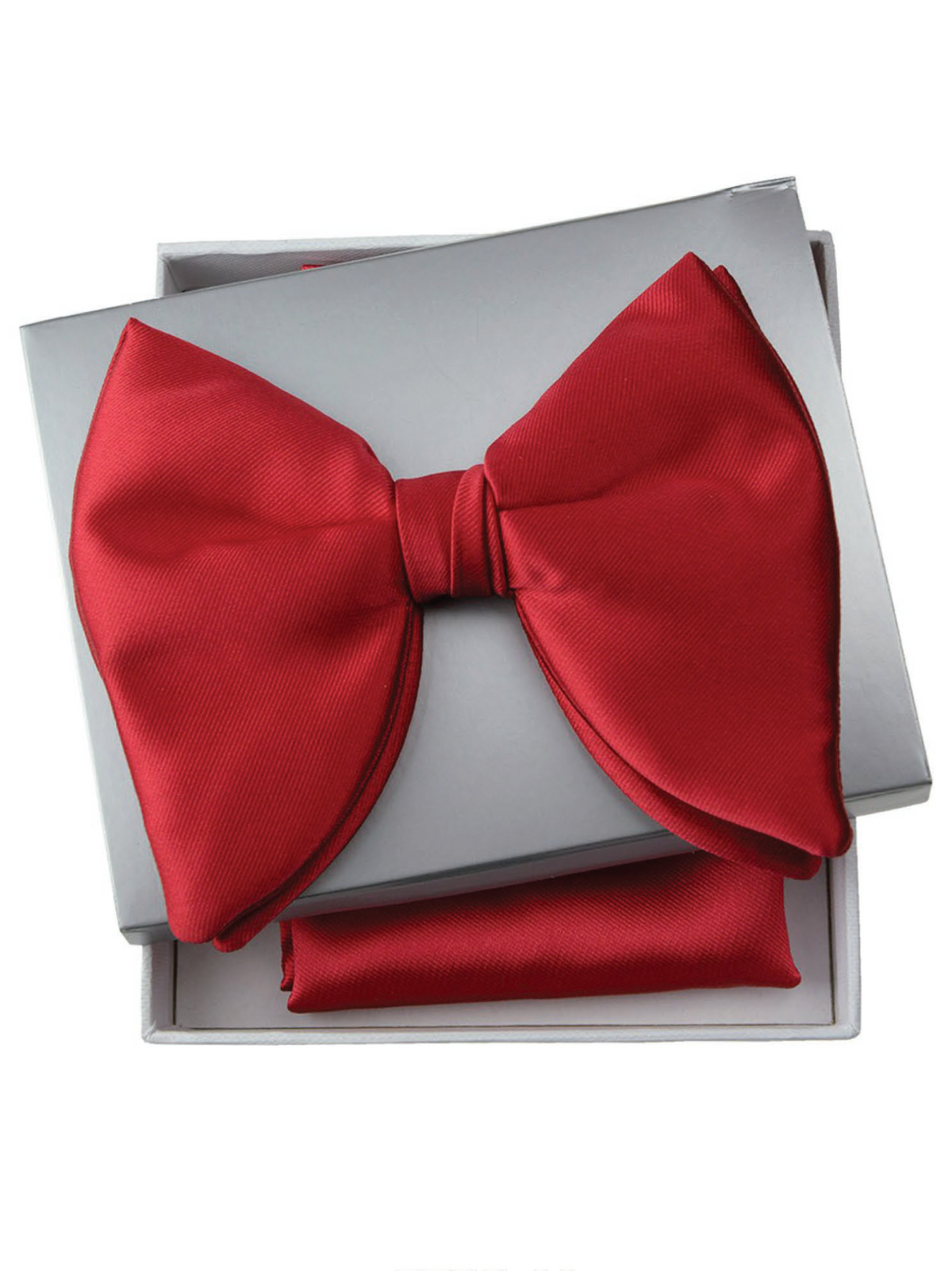 A red satin bow tie set displayed on top of a silver gift box, with a matching folded pocket square underneath. The text 'BTPB-11 Red' is printed below the box on a white background.