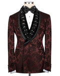 Patterned tuxedo jacket with decorative lapels on a mannequin against a white background
