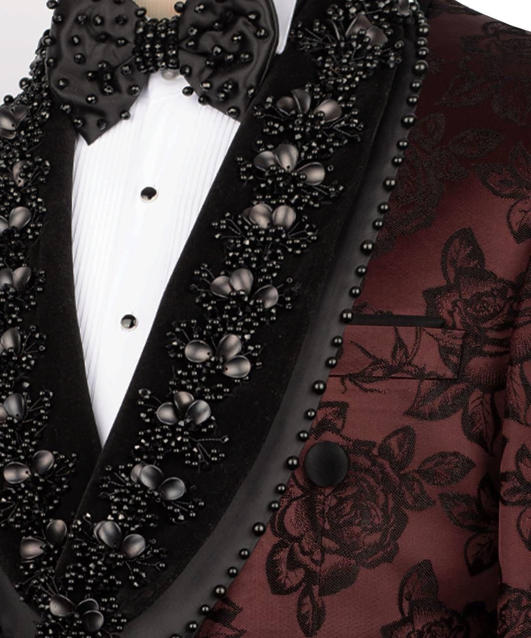 Black beaded tuxedo with a white shirt and black bow tie, featuring intricate detailing.