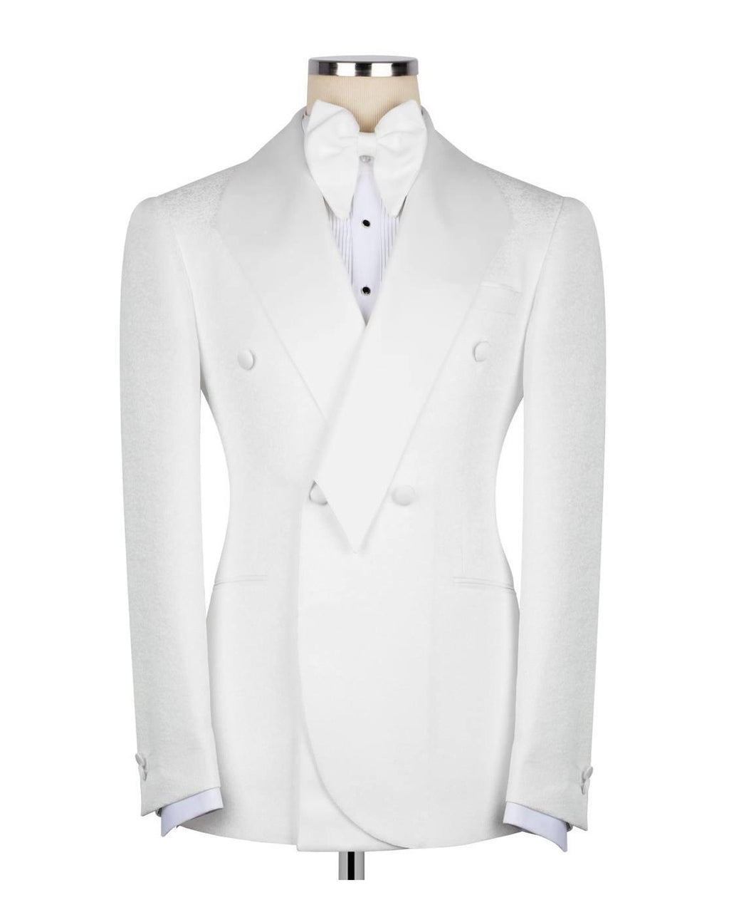 A white double-breasted tuxedo jacket displayed on a mannequin torso, styled with a white bow tie and white pleated shirt against a plain white background.