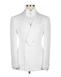 A white double-breasted tuxedo jacket displayed on a mannequin torso, styled with a white bow tie and white pleated shirt against a plain white background.