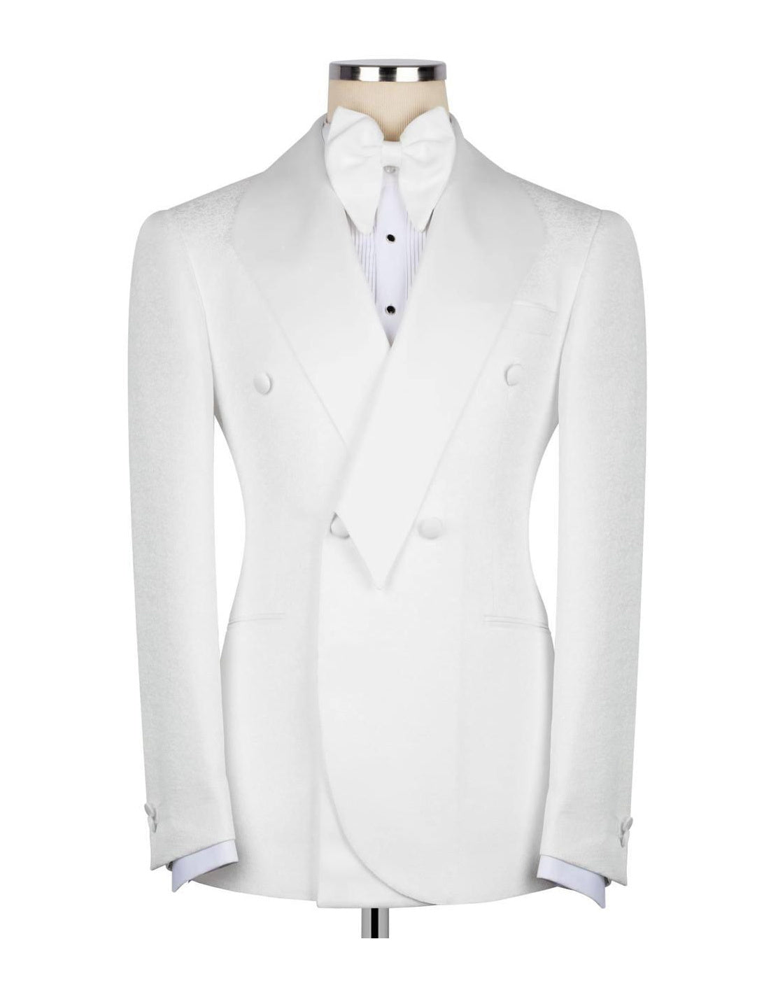 A white double-breasted tuxedo jacket displayed on a mannequin torso, styled with a white bow tie and white pleated shirt against a plain white background.