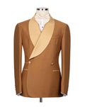 A men's double-breasted tuxedo jacket in camel brown with a contrasting light beige shawl collar, displayed on a mannequin torso with a matching bow tie and white shirt.