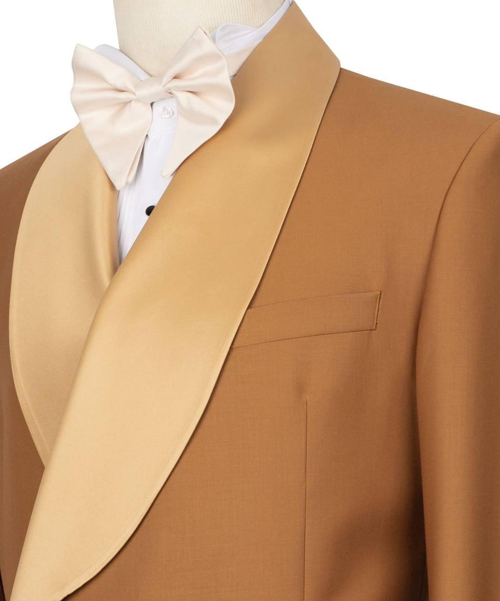 Brown tuxedo jacket with beige lapels on a mannequin against a white background