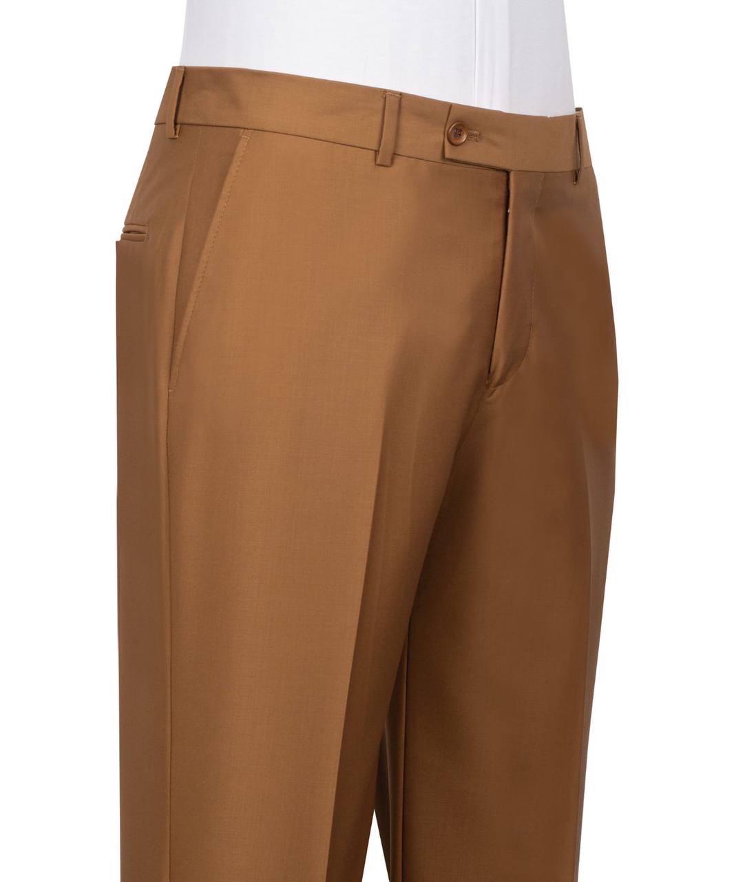 A close-up of a pair of men's trousers in a warm camel brown color, shown on a white mannequin torso against a plain white background.