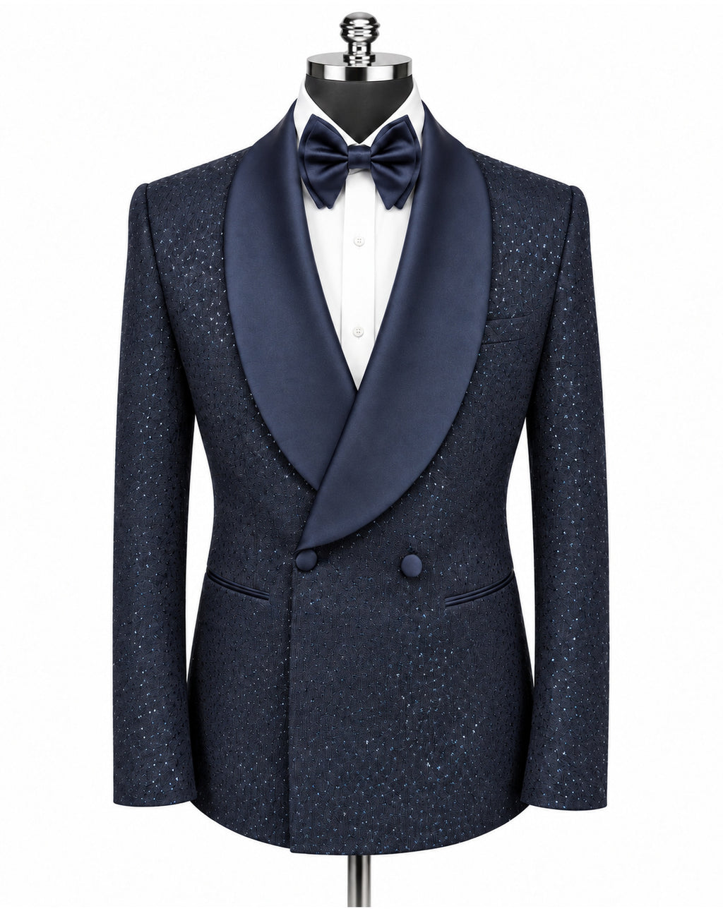A men's double-breasted tuxedo jacket in navy blue textured tweed with a contrasting solid navy satin shawl collar, styled on a mannequin with a white dress shirt and matching navy bow tie against a plain white background.
