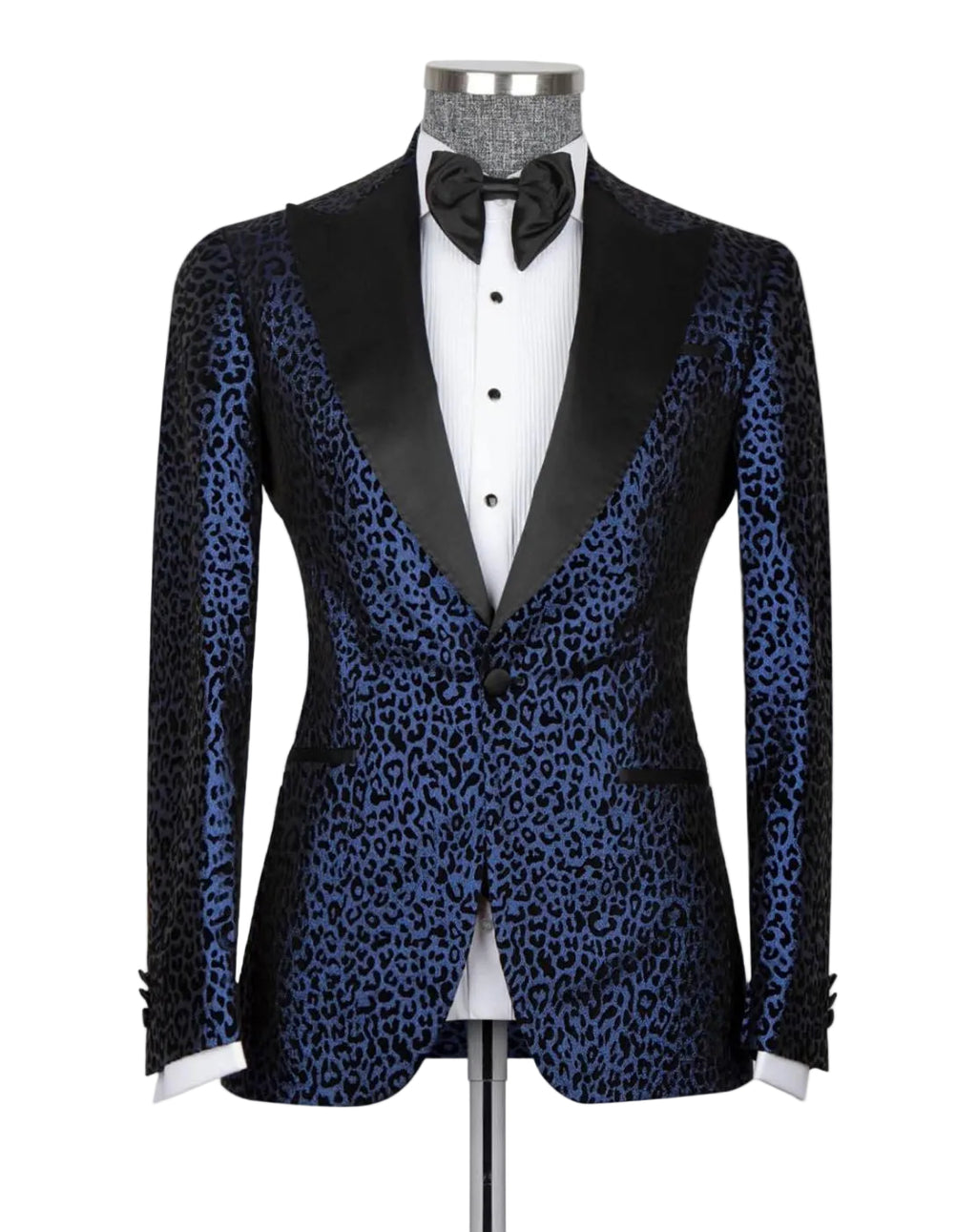 Black tuxedo with blue leopard print pattern on a mannequin against a white background