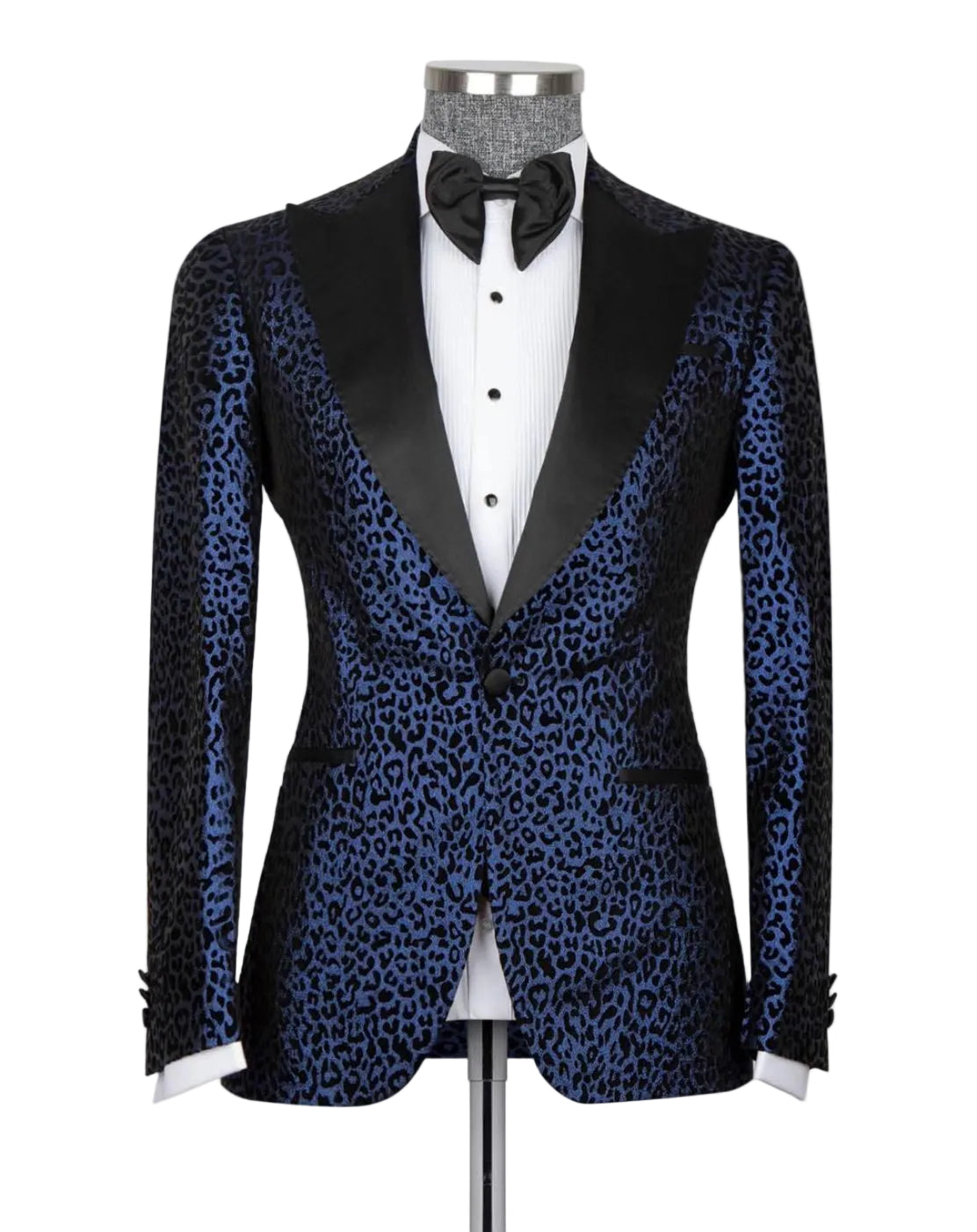 Black tuxedo with blue leopard print pattern on a mannequin against a white background