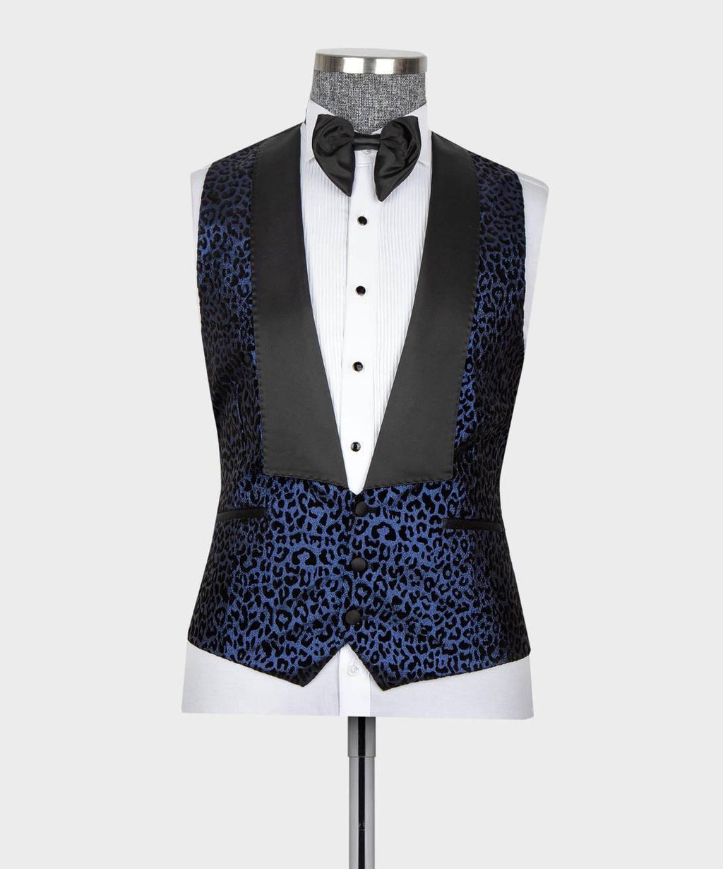 Black and blue leopard print vest on a mannequin against a white background