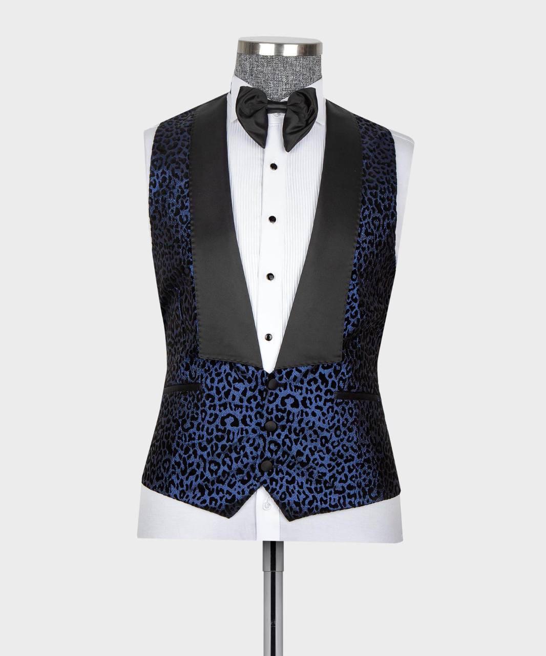 Black and blue leopard print vest on a mannequin against a white background