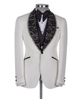 White tuxedo jacket with black lapels and decorative collar on a mannequin against a white background