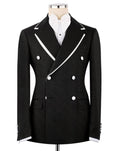A black double-breasted blazer with white contrast piping and white buttons, displayed on a mannequin torso with a white shirt underneath, against a plain white background.