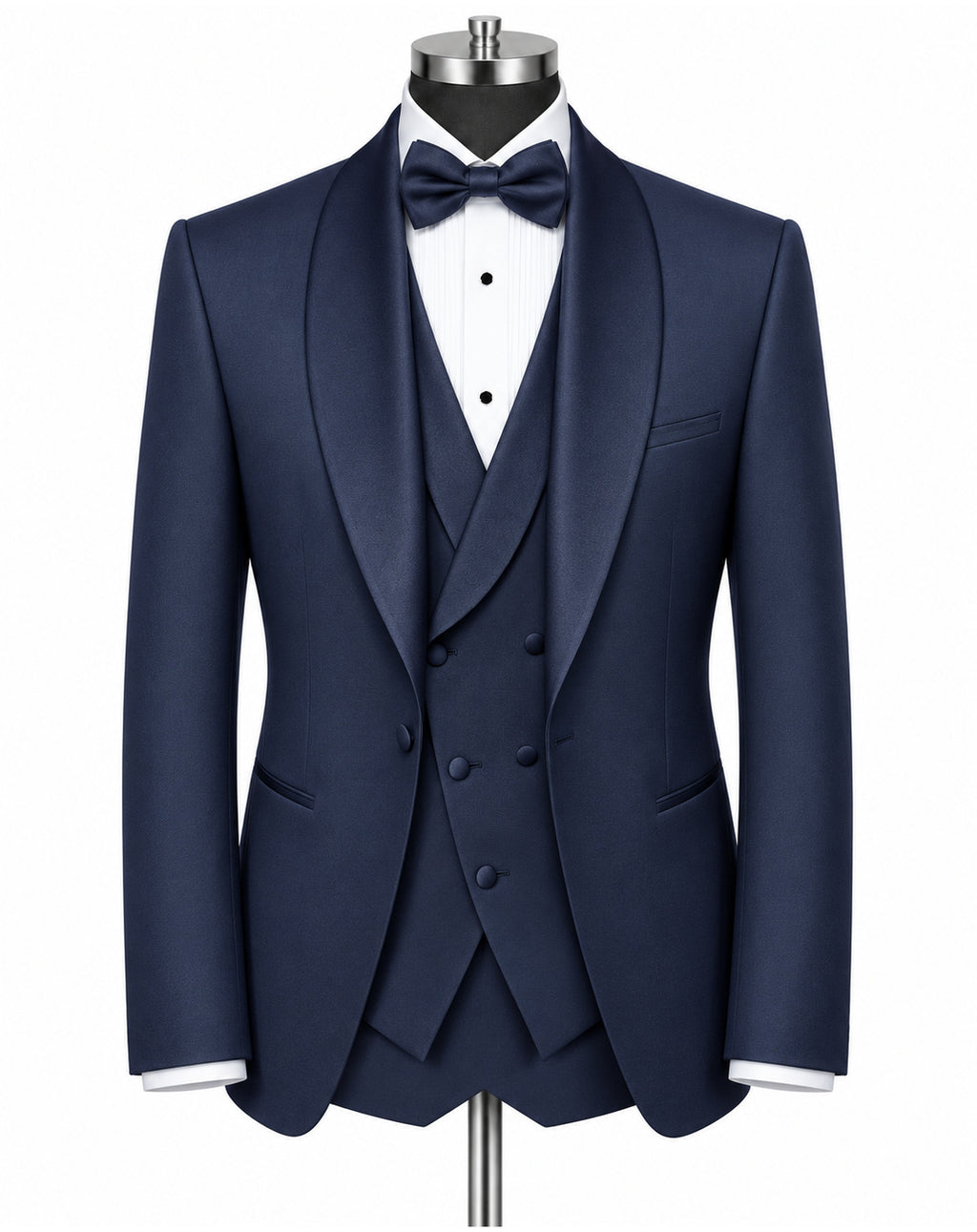A navy blue three-piece tuxedo set displayed on a mannequin, including a jacket, matching vest, and trousers, styled with a white dress shirt and a matching navy bow tie.