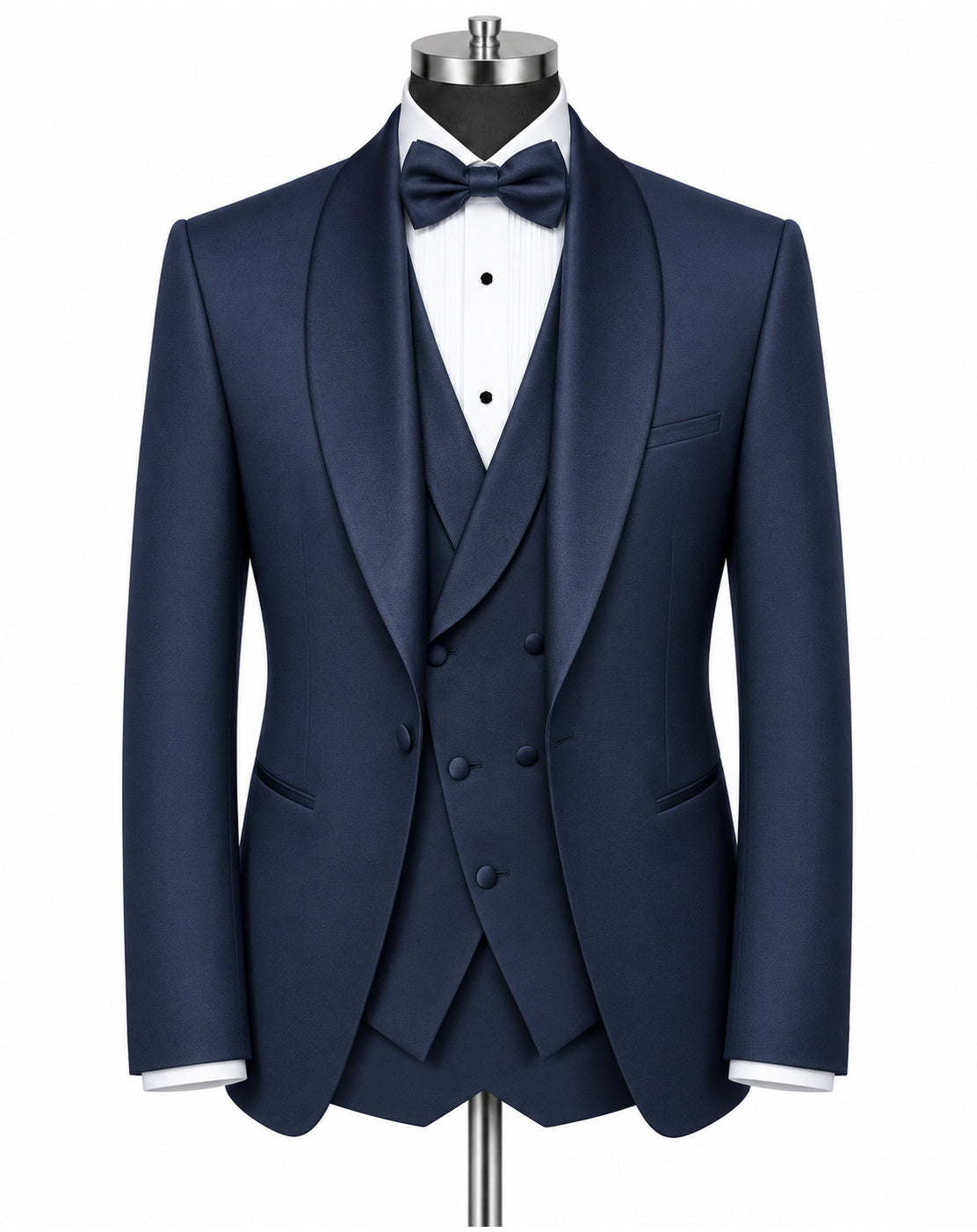 A navy blue three-piece tuxedo set displayed on a mannequin, including a jacket, matching vest, and trousers, styled with a white dress shirt and a matching navy bow tie.