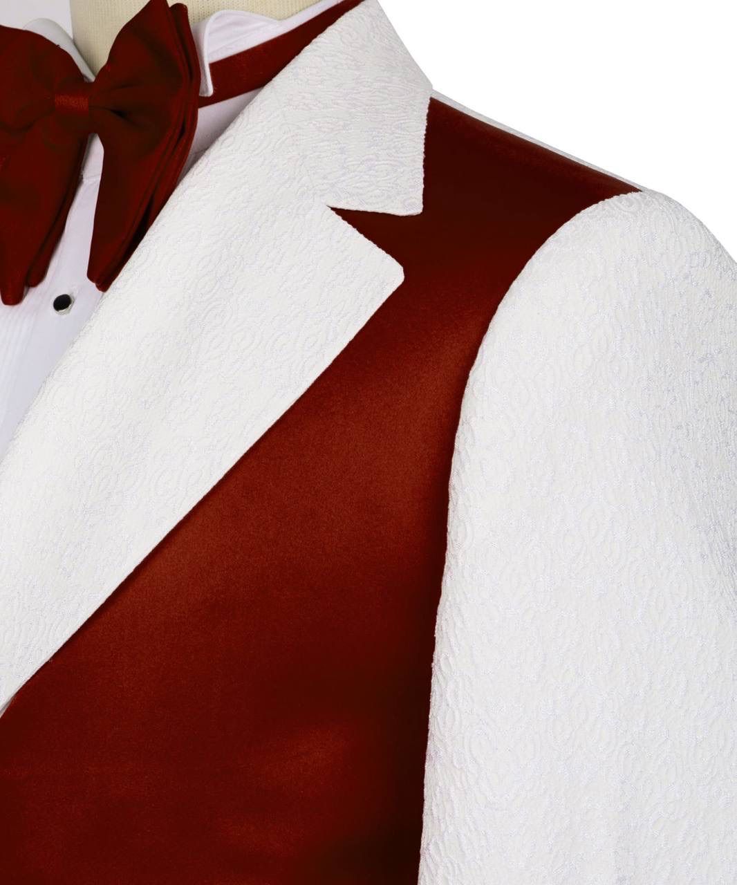 Close-up of a formal outfit with a white shirt, red bow tie, and red vest on a white background.