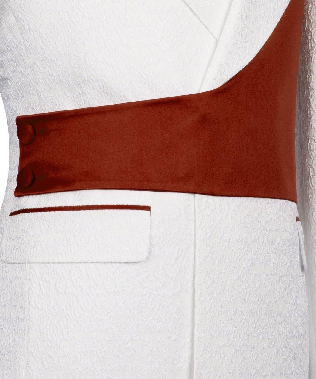 White garment with a brown belt and pocket detail on a white background