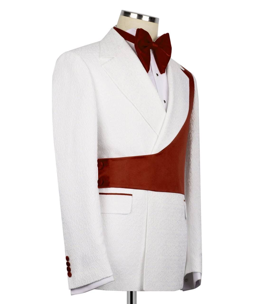 White tuxedo with red accents on a mannequin against a white background