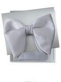A silver satin bow tie presented on top of its white gift box, with a matching pocket square visible inside. The text 'BTPB-14 Silver' is printed below on a white background.
