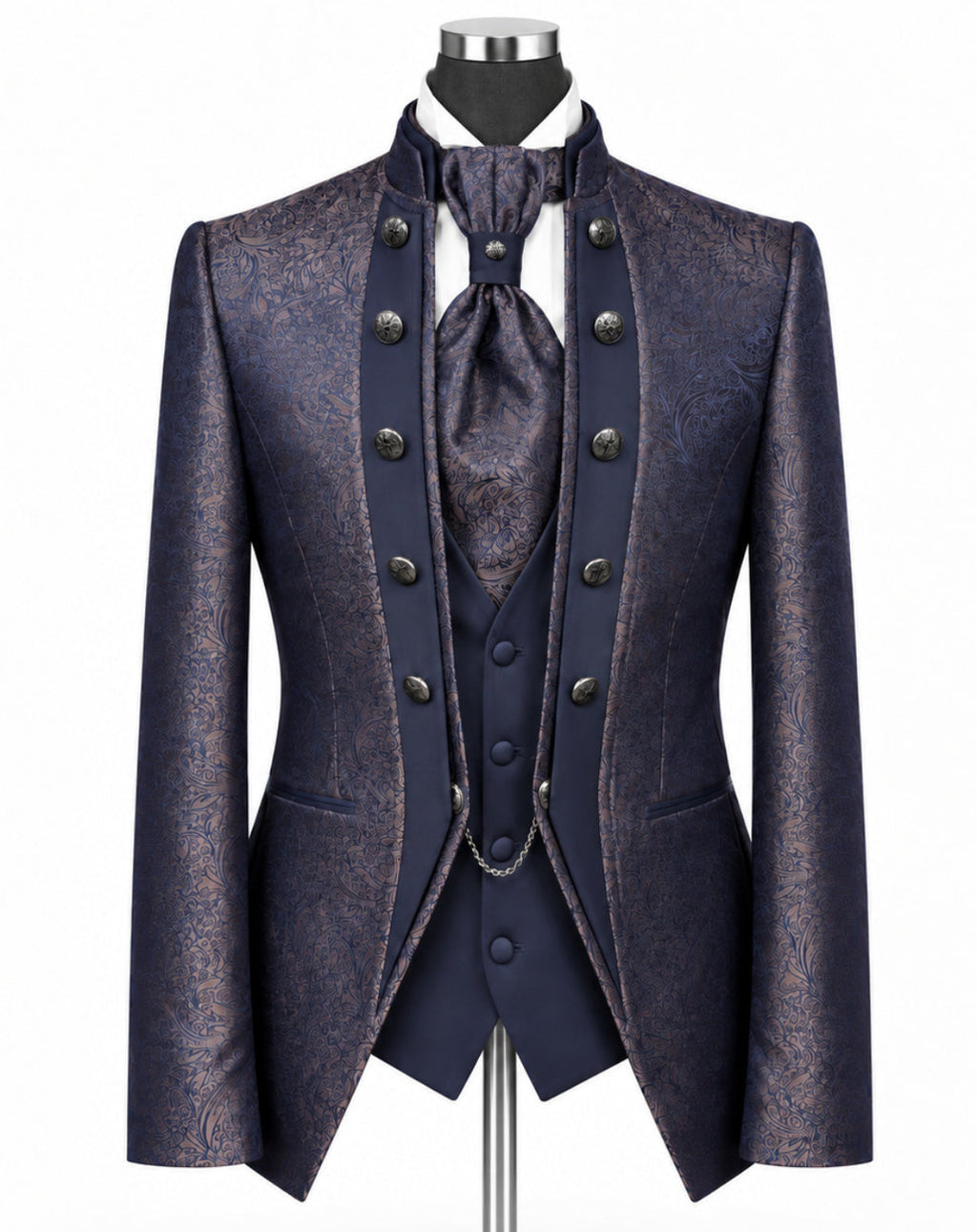 A men's formal tailoring set displayed on a mannequin, featuring a textured navy blue patterned jacket, matching vest, waistcoat, and tie, with a white shirt and dark navy trousers.
