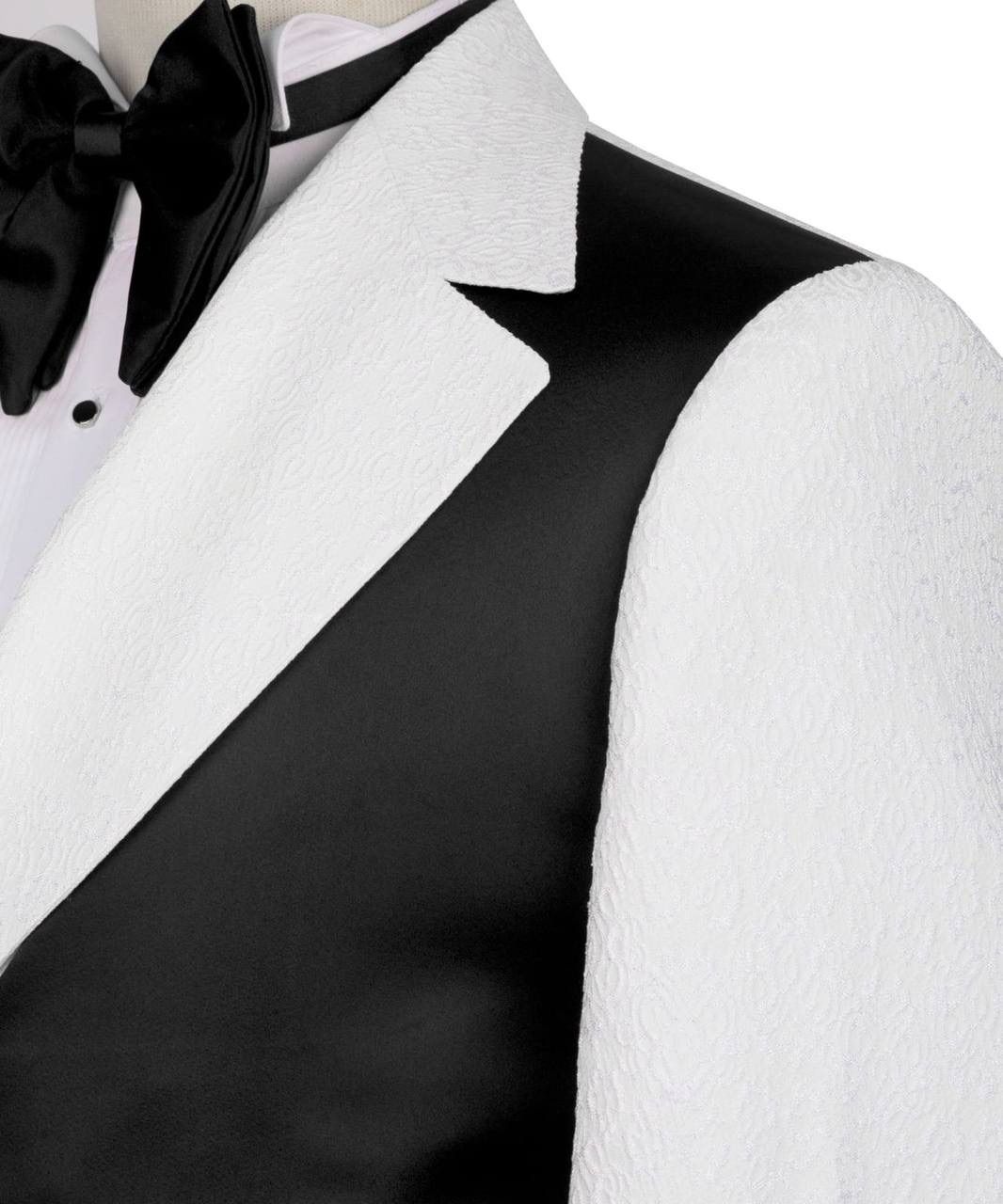 Close-up of a black and white tuxedo with a bow tie on a white background