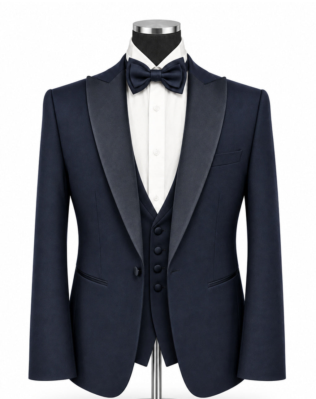 A navy blue formal tuxedo set displayed on a mannequin, featuring a satin lapel jacket, matching vest, white dress shirt, and a dark navy bow tie, set against a plain white background.