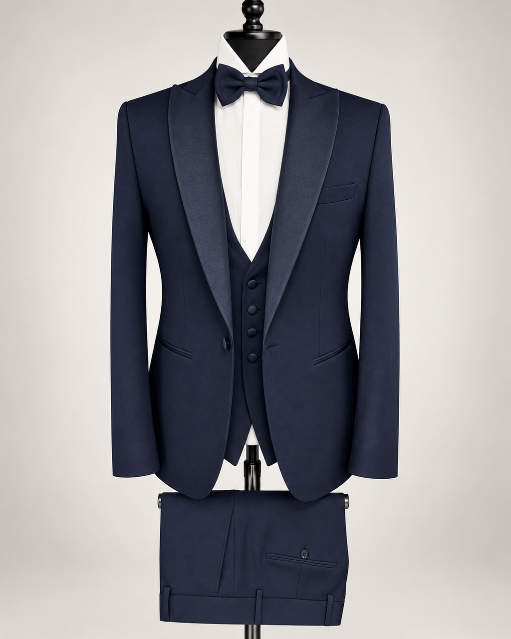 A navy blue formal tuxedo set displayed on a black mannequin against a light gray background. The set includes a single-breasted jacket with satin peak lapels, a matching waistcoat, trousers folded below, a white dress shirt, and a matching navy bow tie.