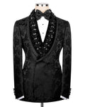 Black embroidered tuxedo jacket on a mannequin against a white background
