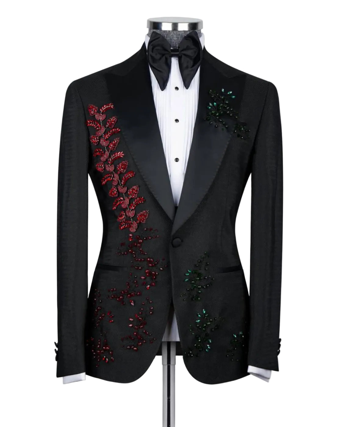 Black embroidered tuxedo jacket on a mannequin with a white shirt and black bow tie.
