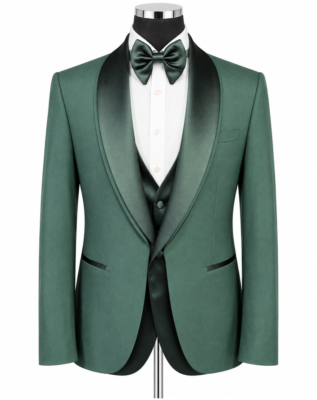 A men's formal tuxedo jacket in emerald green with satin black shawl lapels, displayed on a mannequin with a white dress shirt, matching green bow tie, and green vest against a plain white background.