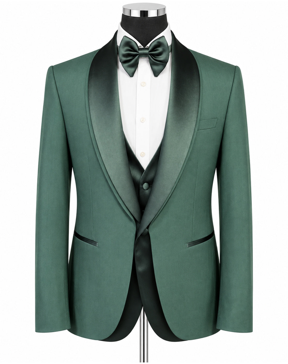 A men's formal tuxedo jacket in emerald green with satin black shawl lapels, displayed on a mannequin with a white dress shirt, matching green bow tie, and green vest against a plain white background.