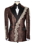 A men's formal tuxedo jacket with a brown sequined body, black satin peak lapels, a diagonal silver lace panel, and a black bow tie, displayed on a mannequin against a white background.