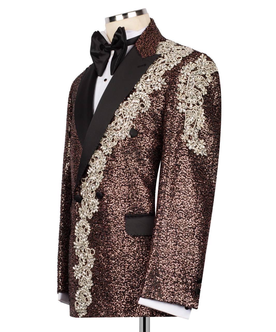 Decorative tuxedo jacket with lace details on a mannequin against a white background