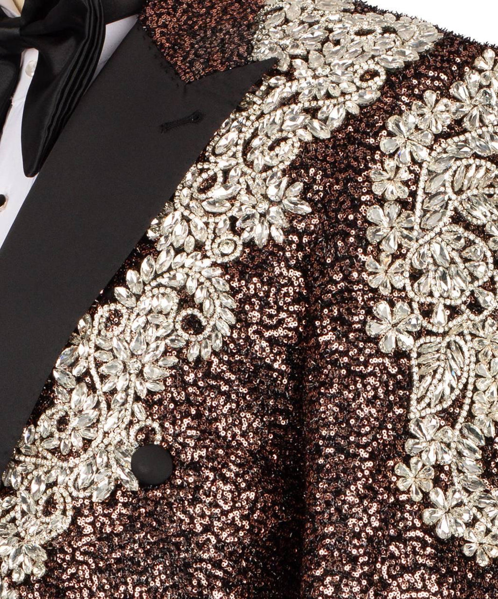 Close-up of a black tuxedo with a floral-patterned jacket