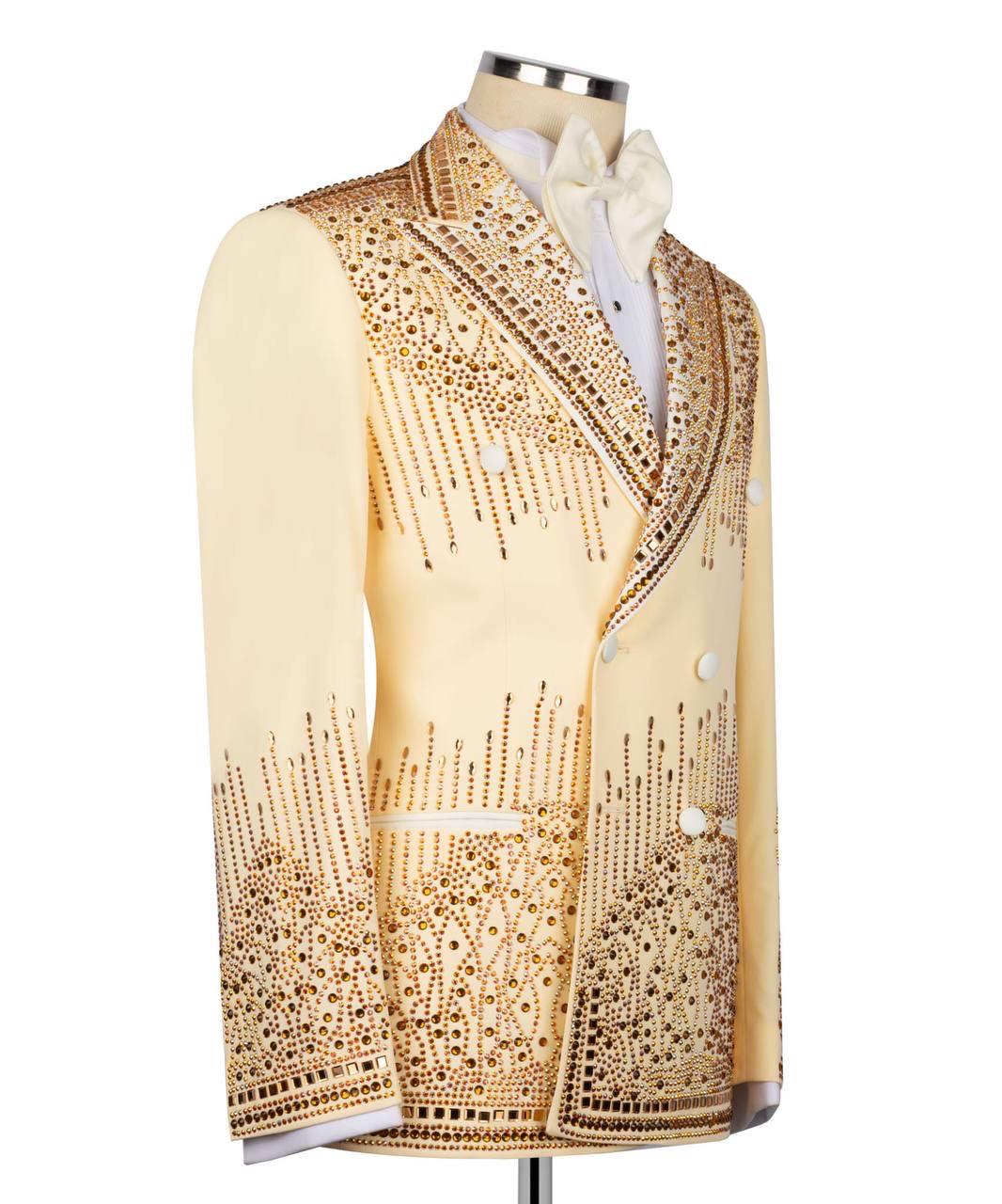 Gold beaded vest on a mannequin with a white background