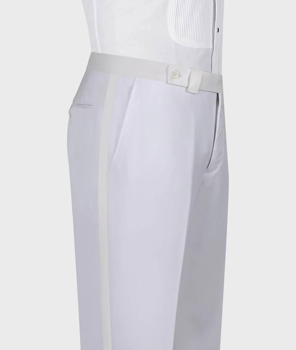 Close-up of a white tailored trouser leg with a matching belt and a vertical light-gray stripe detail, shown against a light gray background.