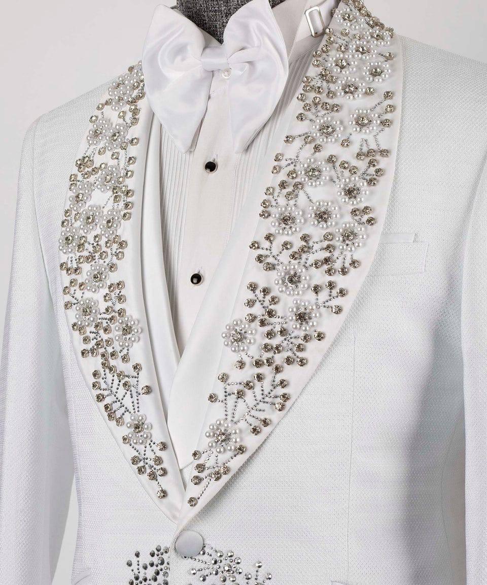 White tuxedo with decorative lapels on a light gray background