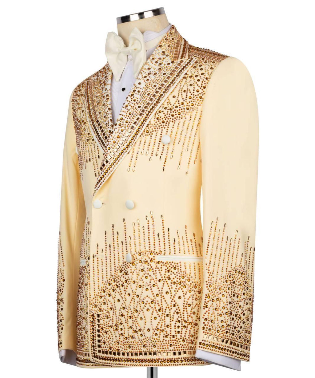Mannequin wearing a beige vest with intricate gold embroidery on a white background