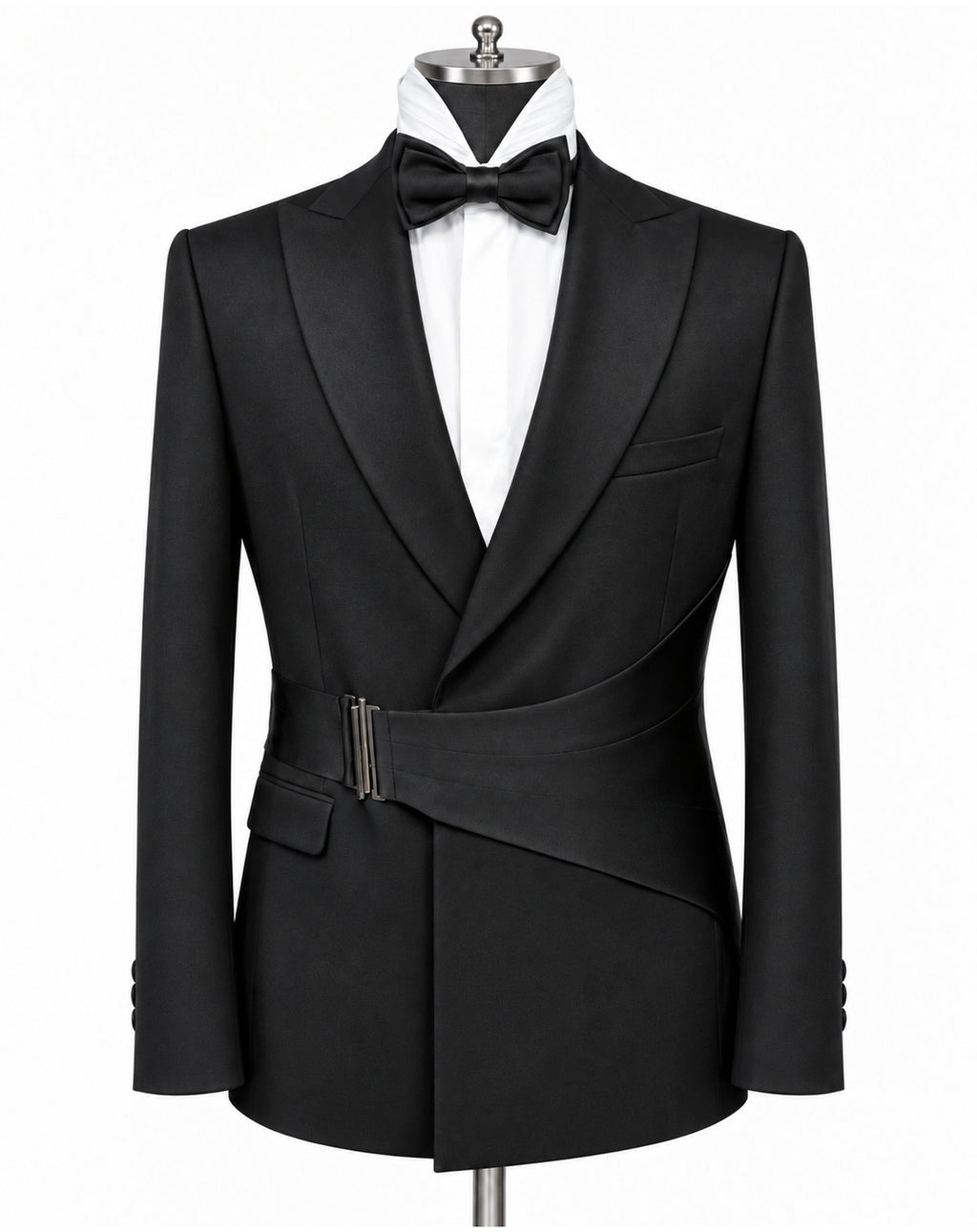 A black formal tuxedo jacket with peak lapels and a wrap-style waist belt, displayed on a mannequin torso with a white dress shirt and black bow tie against a plain white background.