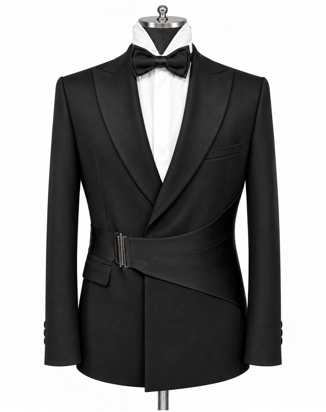 A black formal tuxedo jacket with peak lapels and a wrap-style waist belt, displayed on a mannequin torso with a white dress shirt and black bow tie against a plain white background.