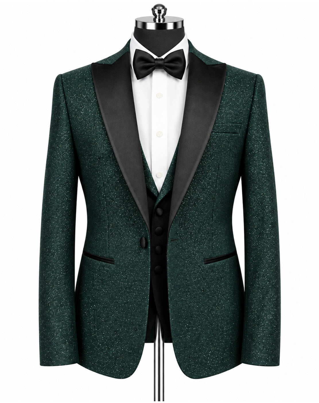 A men's formal tuxedo jacket in dark green textured tweed with black satin shawl lapels, displayed on a black mannequin torso with a white dress shirt, black bow tie, and matching black vest.