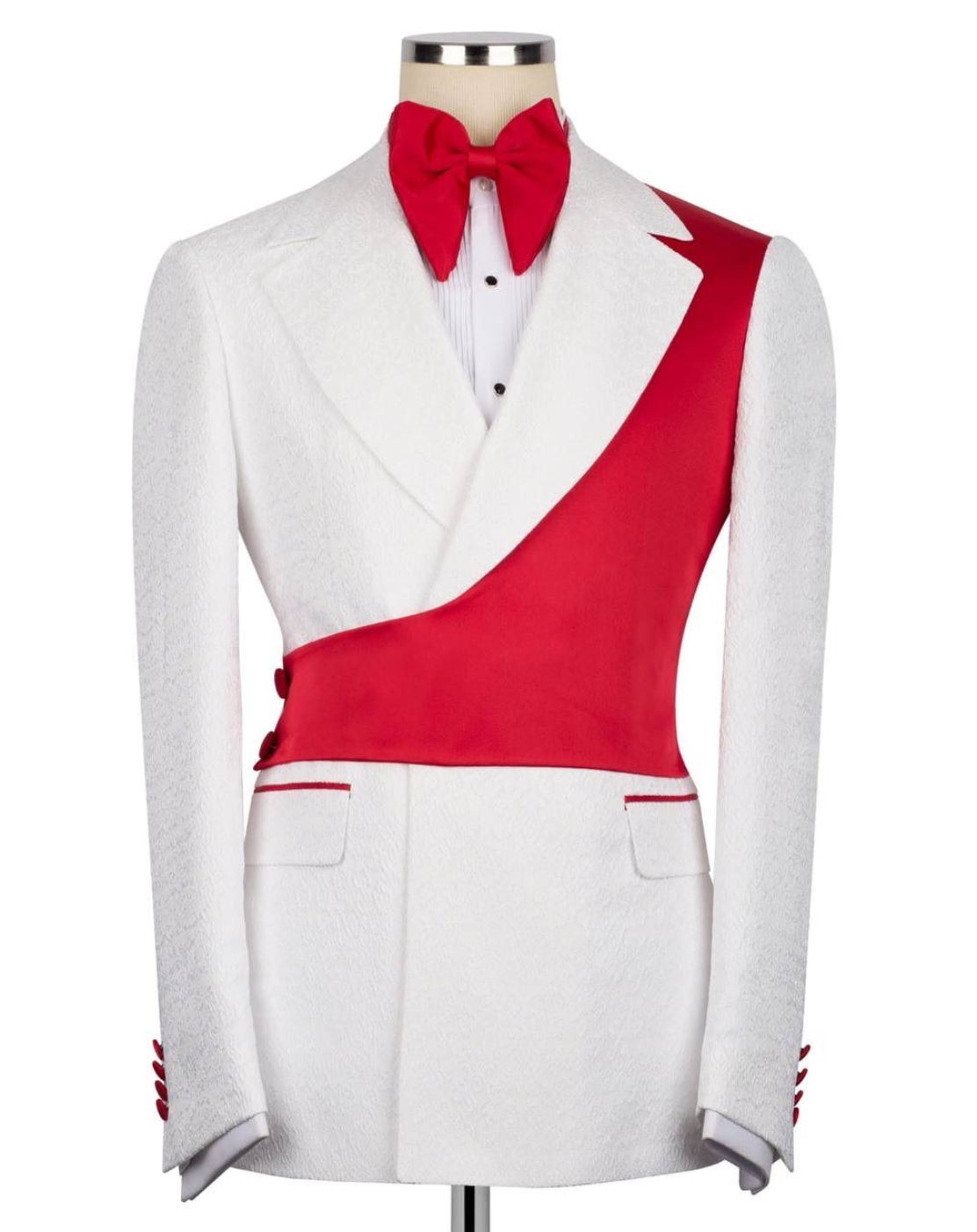 White and red jacket with a bow tie on a mannequin against a white background