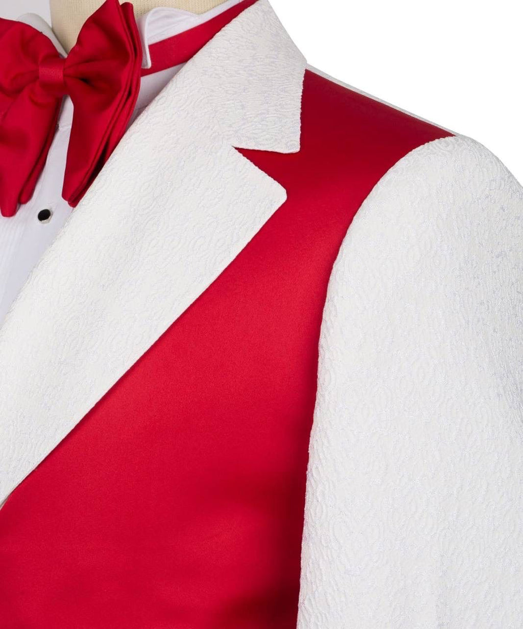 Red and white outfit with a bow tie on a white background