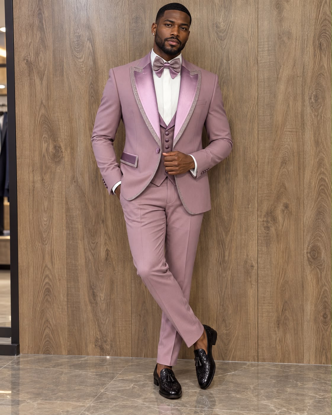 A man modeling a dusty pink three-piece tuxedo with silver trim on the lapels, a matching pink bow tie, a white dress shirt, and black dress shoes, standing against a wood-paneled wall.